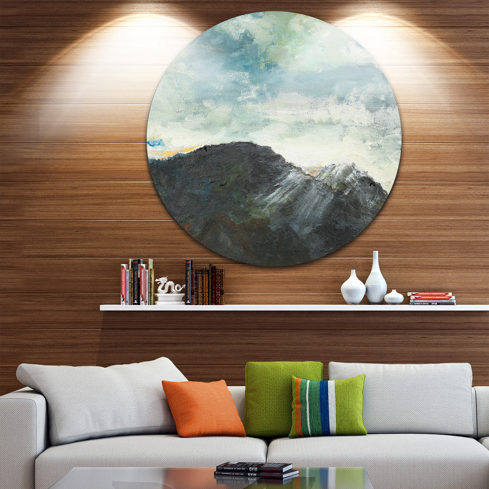Mountain Peak Under Cloudy Sky, Landscape Disc Metal Artwork, 36"