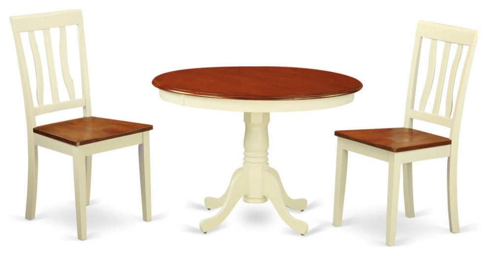 3 Pc Set, Round Dinette Table, 2 Wood Kitchen Chairs, Buttermilk, Cherry .