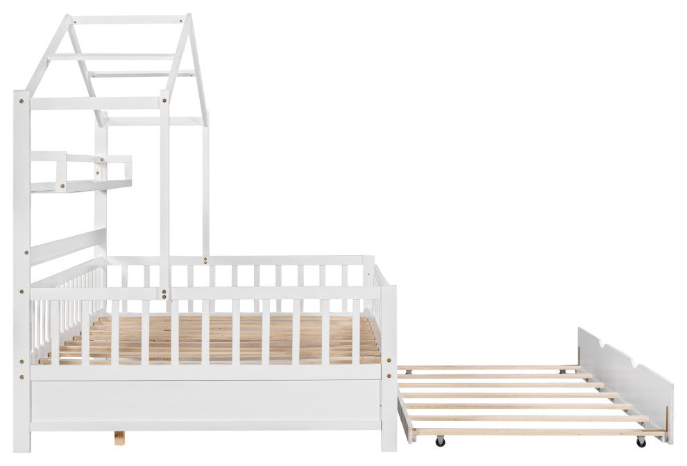 Gewnee Wood Full Size House Bed with Trundle for Kids in White