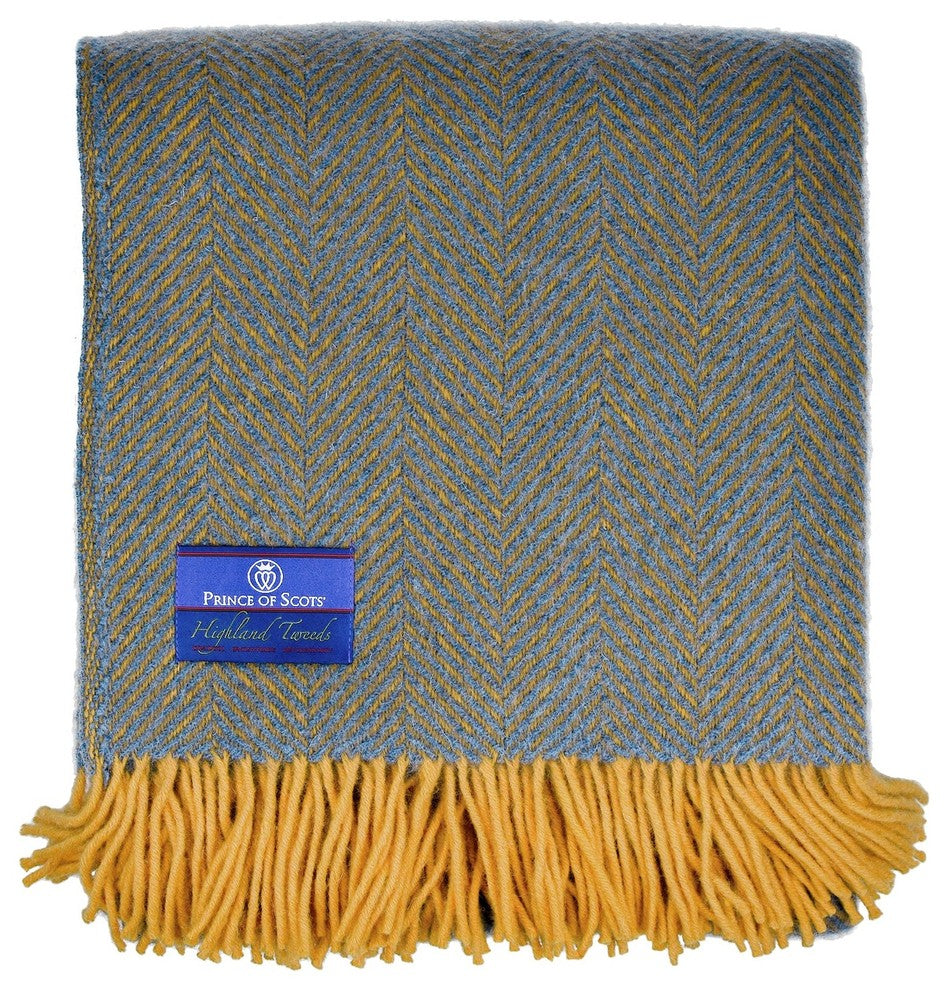 Highland Tweed Herringbone Pure New Wool Throw, Navy/Gold