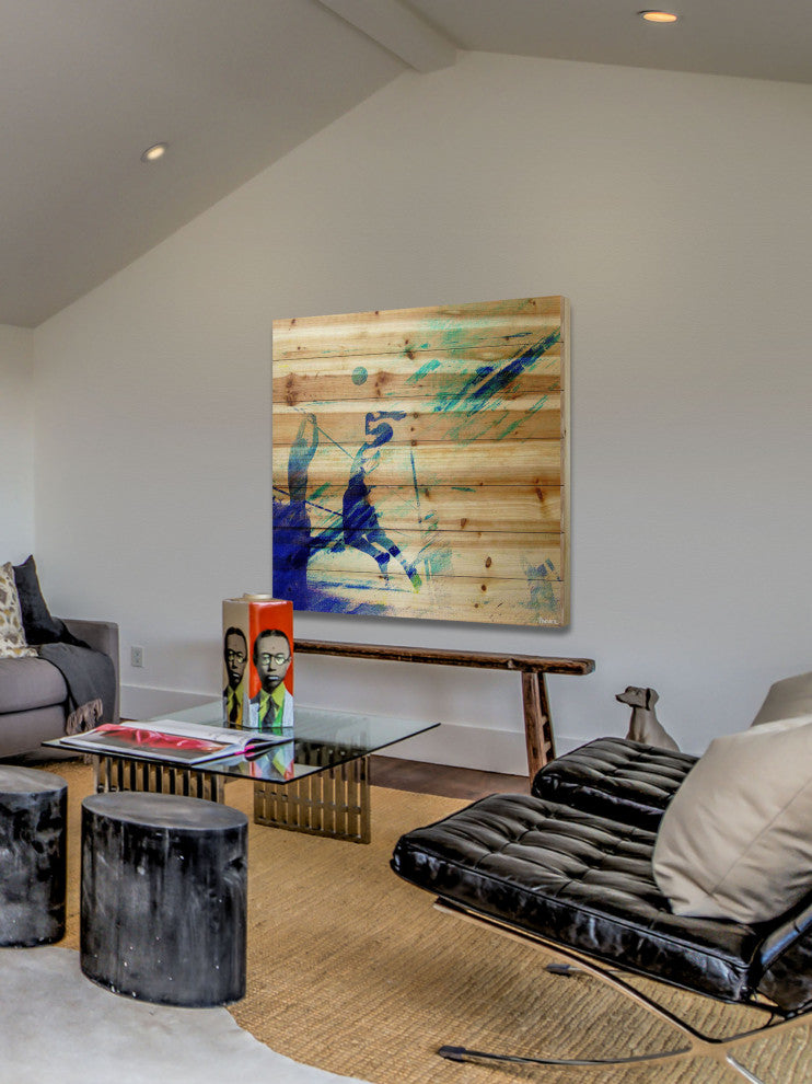 "Dusk Volleyball" Painting Print on Natural Pine Wood, 40"x40"