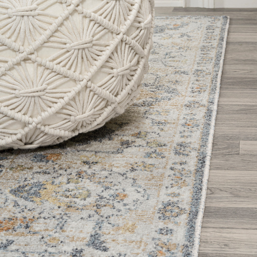Brandy Rustic Border Low-Pile Machine-Washable Rug, Dark Gray/Cream 5x8