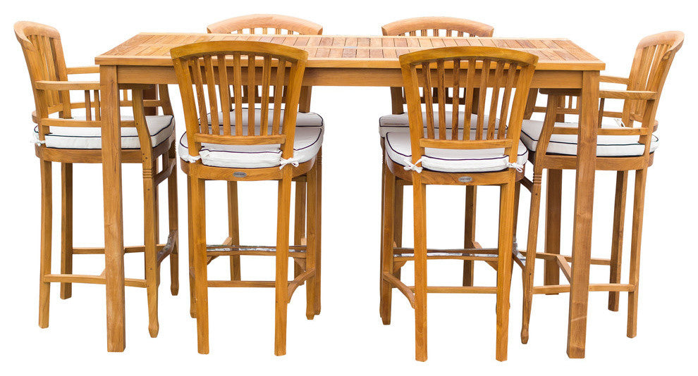 7-Piece Teak Wood Orleans Patio Bar Set, 63" Bar Table and 6 Bar Chairs