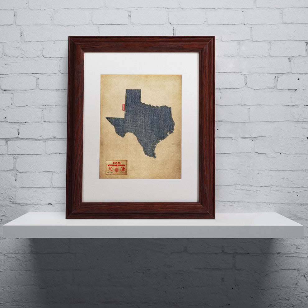 'Texas Map Denim Jeans Style' Matted Framed Canvas Art by Michael Tompsett