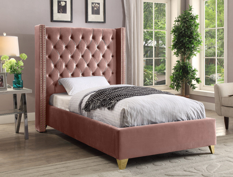 Barolo Velvet Upholstered Bed, Pink, Twin