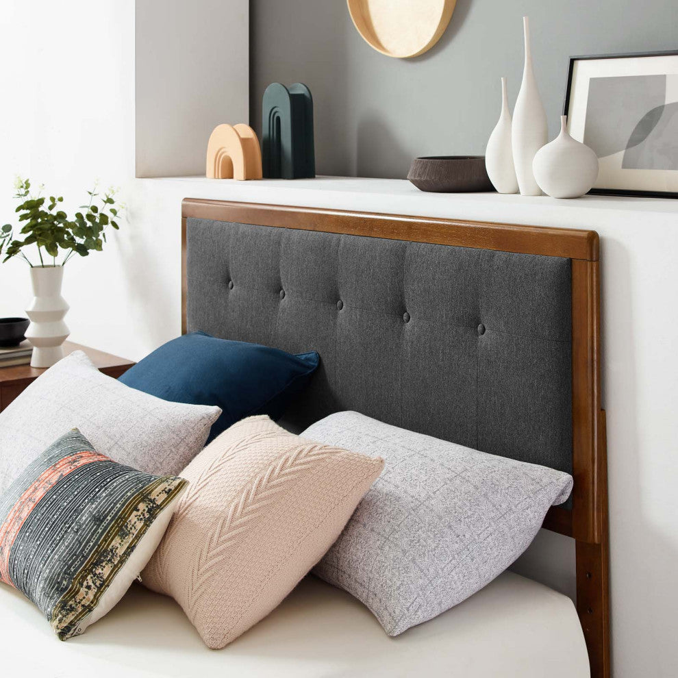 Platform Bed Frame, Queen Size, Fabric, Wood, Brown Walnut Gray, Modern