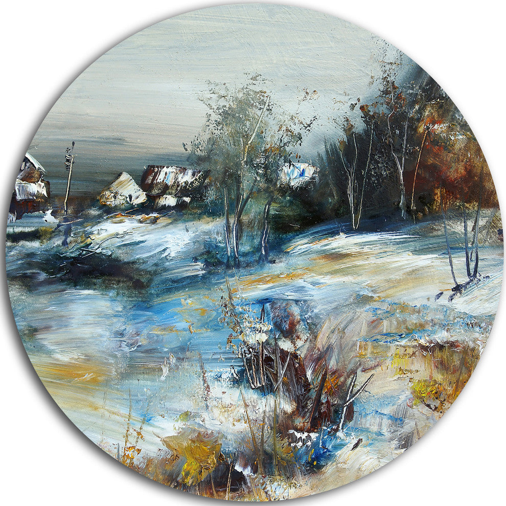 Village In Winter, Landscape Round Wall Art, 11"