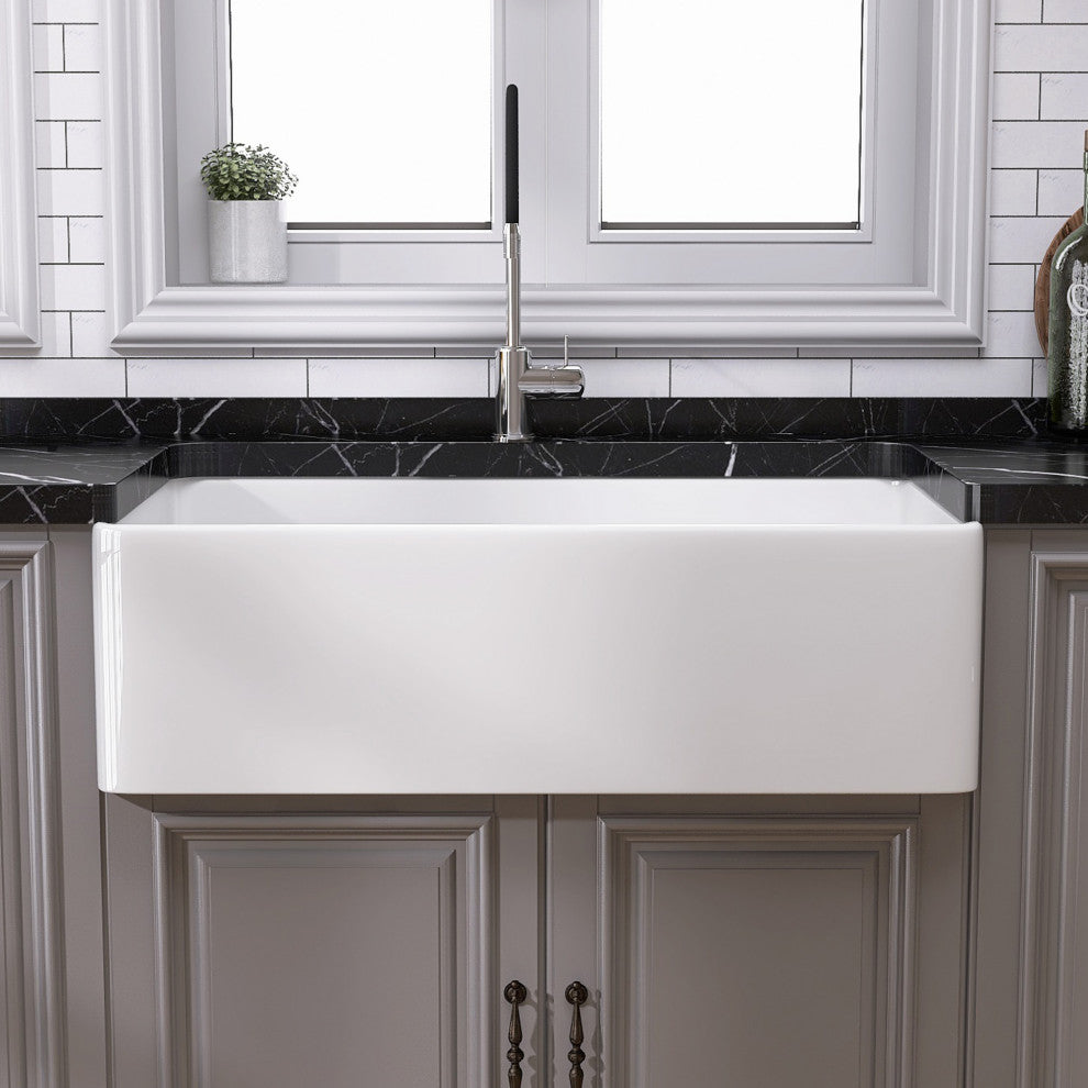 33"L x 20"W  White Single Bowl Fireclay Farmhouse Kitchen Sink With Accessories