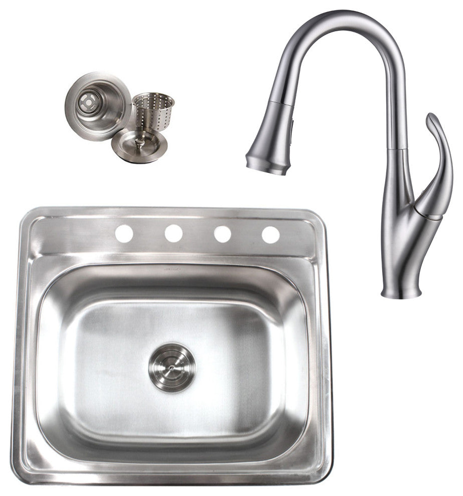 Topmount Stainless Steel 25"x22"x9" 4-Hole Single Bowl Kitchen Sink With Faucet