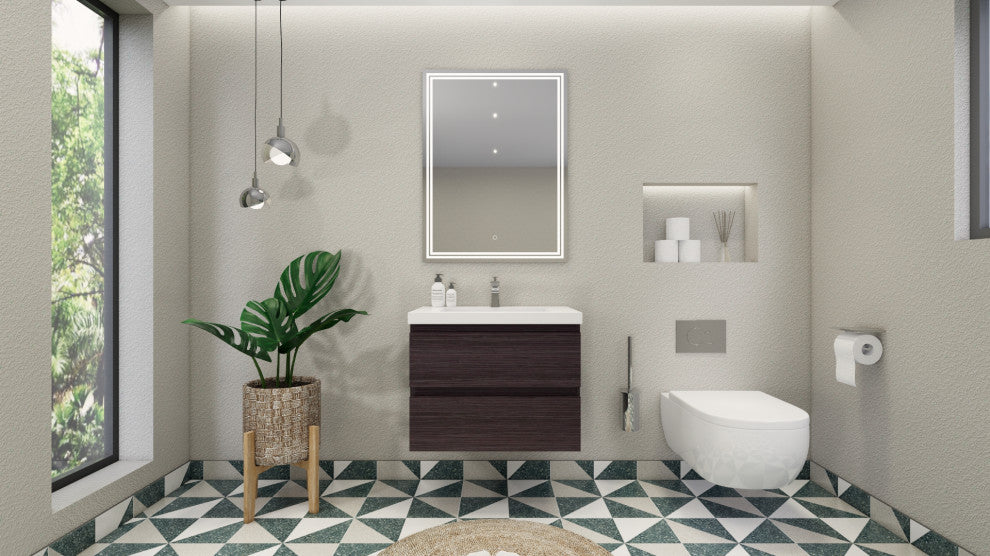 Belli 30" Wall Mounted Single Bathroom Vanity Set, Dark Gray Oak, Glossy White Top