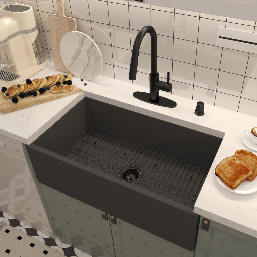 33in Single Bowl Farmhouse Apron Kitchen Sink with Bottom Grid and Drainer, Black Earth