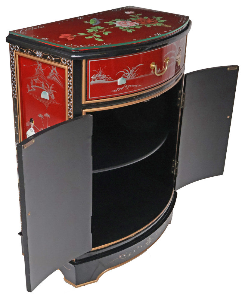 French Red Oriental Round Front Hall Cabinet