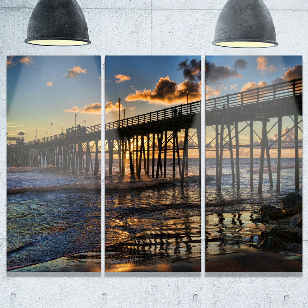 "Pacific Ocean Sunset Oceanside Pier" Metal Wall Art, 3 Panels, 36"x28"