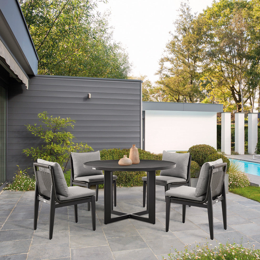 Cayman Outdoor  5-Piece Round Dining Table Set, Aluminum With Gray Cushions