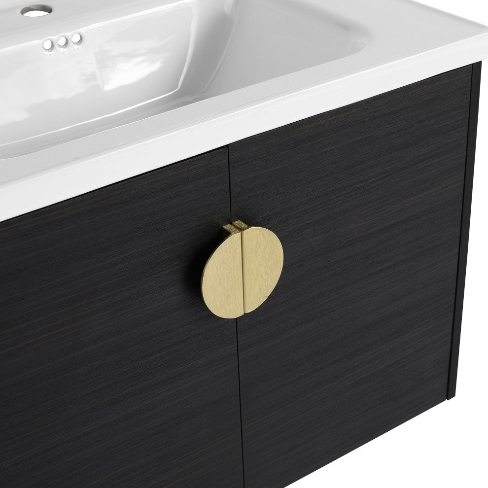 28" Plywood Wall Mounted Bath Vanity Set, Black, Ceramic Basin