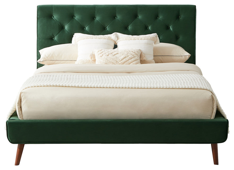 Ashley Midcentury Velvet Tufted Solid Wood Platform Bed, Green, Queen