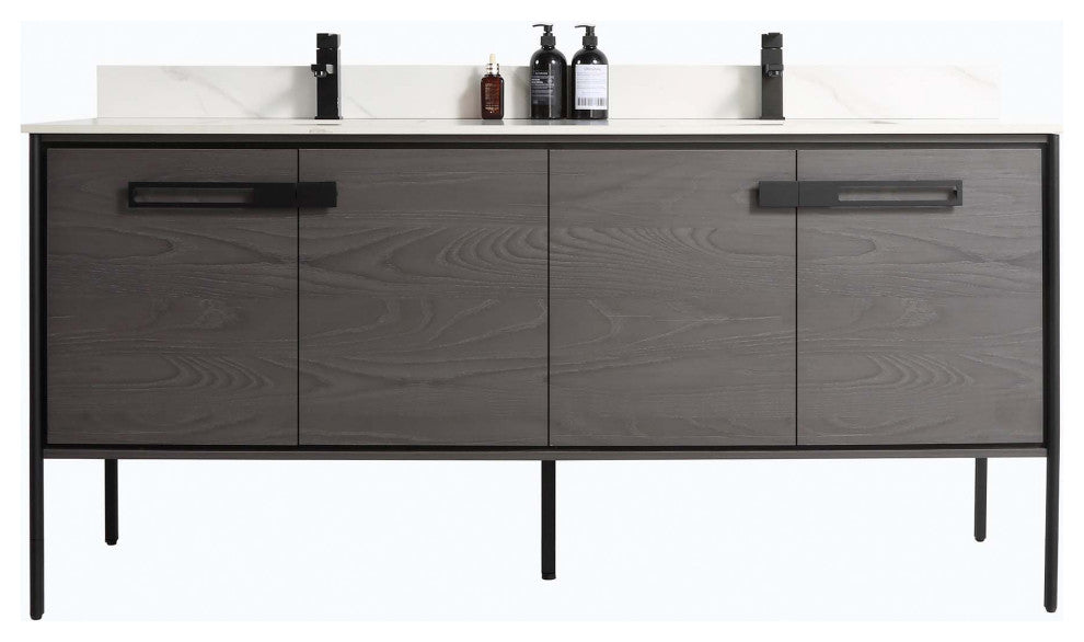Oakville Bath Vanity, Ceramic Sink, Black Coal Oak, 72 Inch, Black Hardware