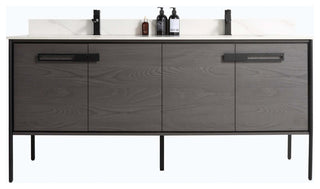 Oakville Bath Vanity, Ceramic Sink, Black Coal Oak, 72 Inch, Black Hardware
