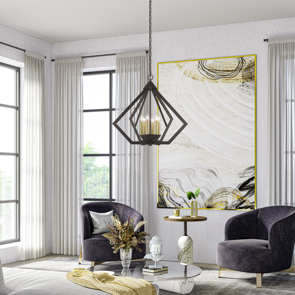 Prism 6-Light English Bronze Chandelier, Antique Brass Accents