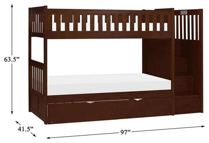 Lexicon Rowe Reversible Step Storage Wood Bunk Bed with Trundle Bed in Cherry