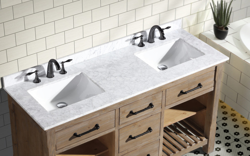 Lauren 60" Bathroom Vanity, Weathered Fir Finish, Italian Carrara Marble