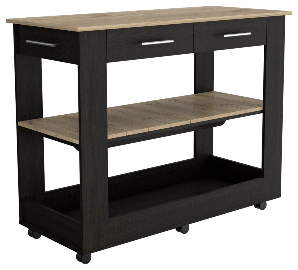 Brooklyn 80 Light Oak Accented Kitchen Island, with Shelves and Drawers, Black
