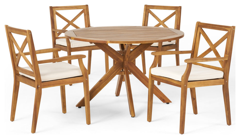 GDF Studio 5-Piece Jordan Outdoor Acacia Wood Dining Set, Teak Finish/Creme