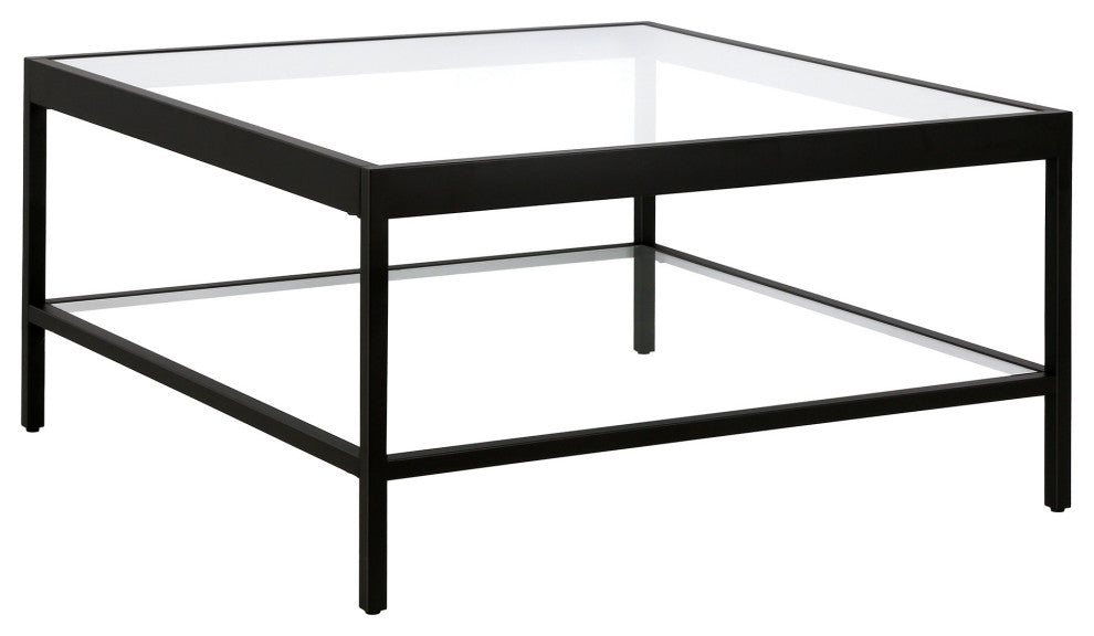 32" Clear And Black Glass And Steel Square Coffee Table With Shelf
