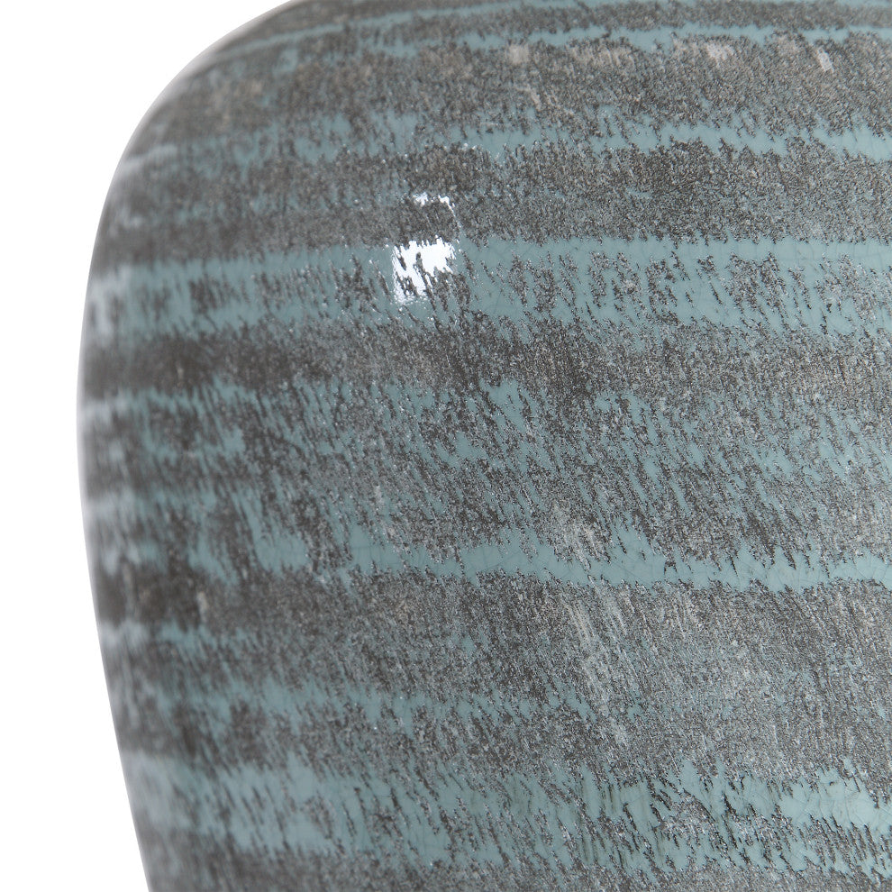 Rustic Bohemian Round Aqua Blue Gray Table Lamp, Ceramic Vintage Style Cottage