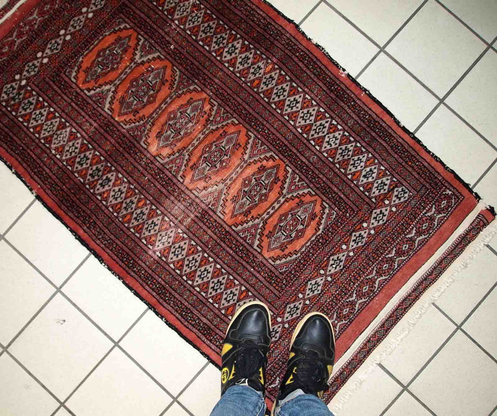 Handmade Vintage Uzbek Bukhara distressed Rug, 2.4'x4.3', 75cmx132cm 1960s