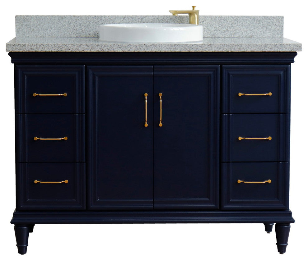 49" Single Sink Vanity, Blue Finish With Gray Granite and Round Sink