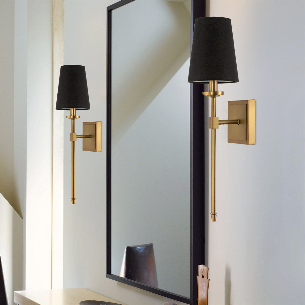Kira Home Torche 20" Wall Sconce/Wall Light + Black Linen Shade, Warm Brass