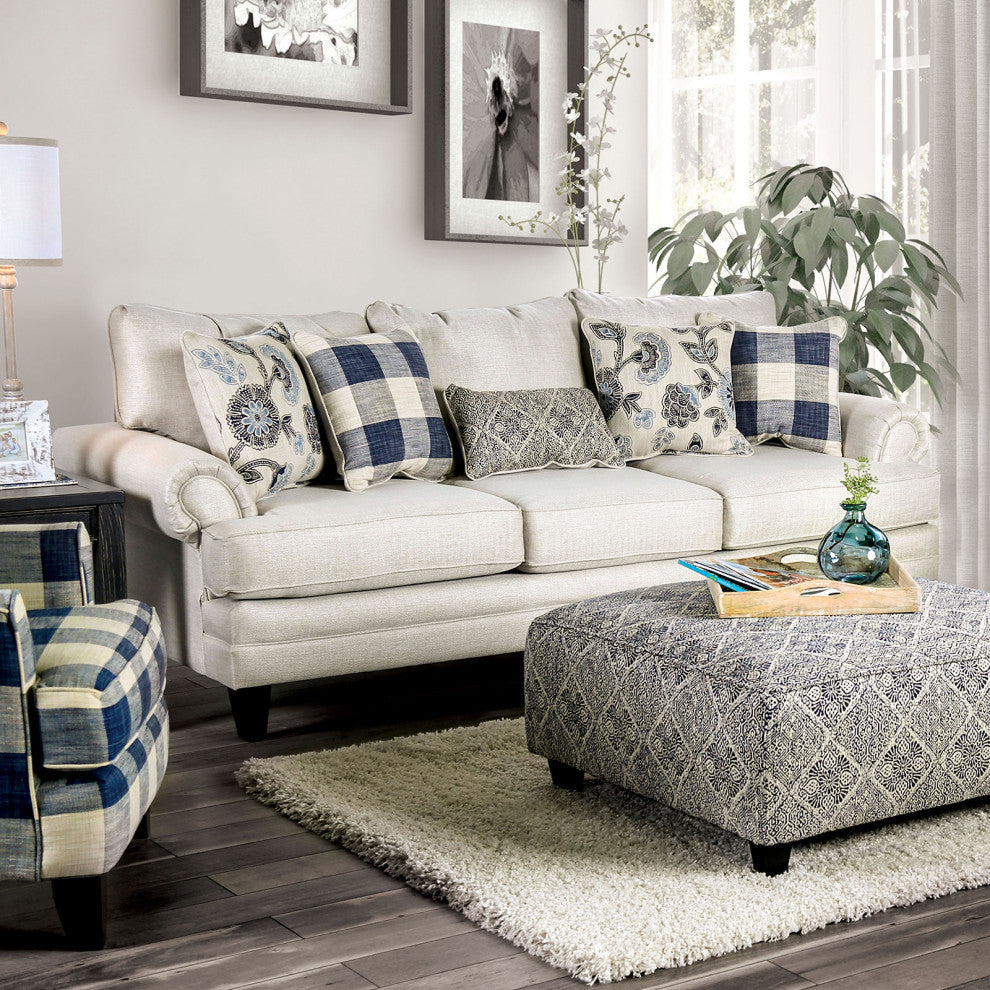 Linen-like Fabric Sofa with Rolled Arms Design, Ivory