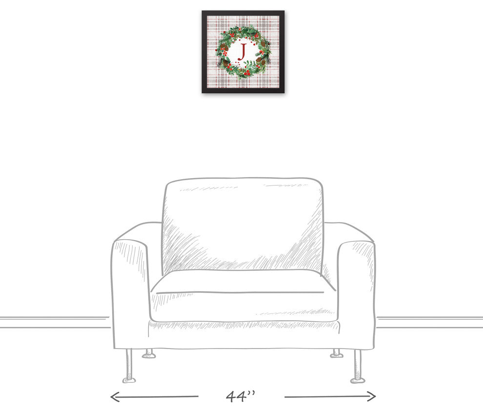 Holiday Gray Plaid Monogram Wreath J 12x12 Black Framed Canvas