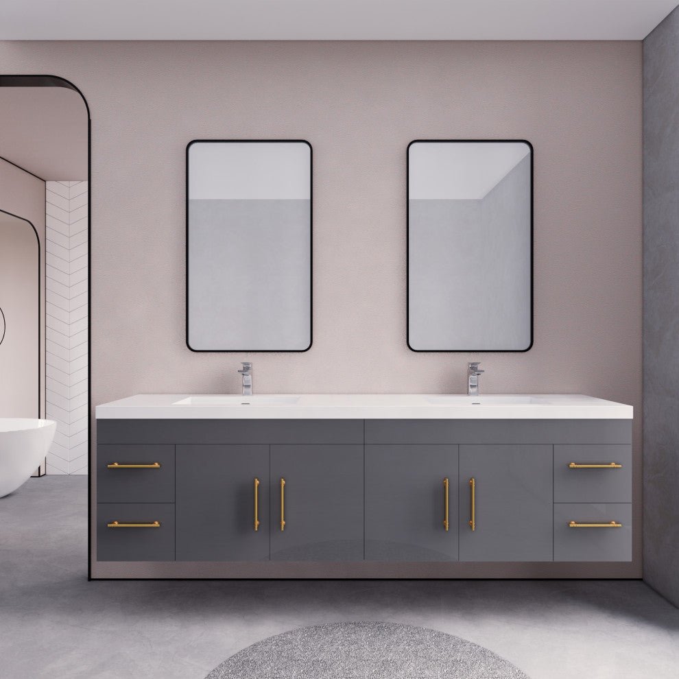 Rosa 84" Wall Mounted Modern Vanity, High Gloss Gray, White Top