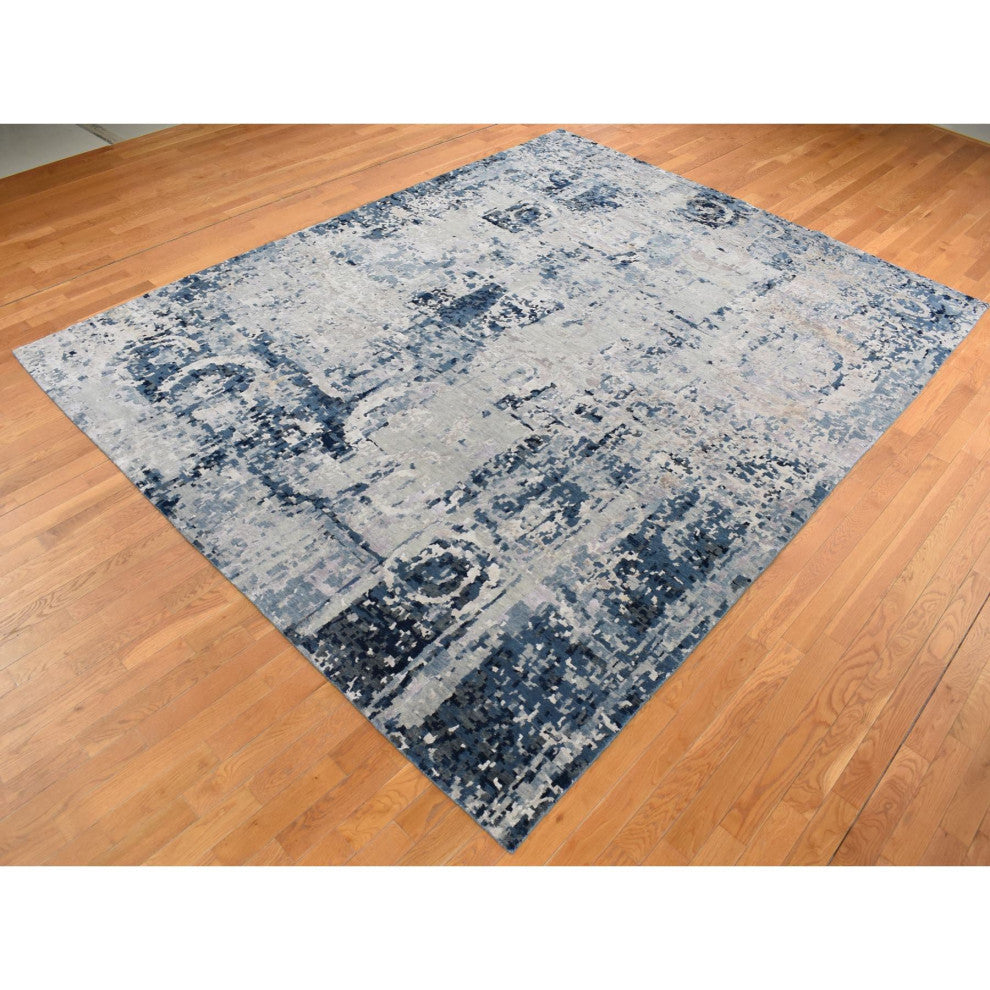 Arsenic Gray Hand Knotted Erased Circles Design Wool and Silk Rug 9'3"x12'