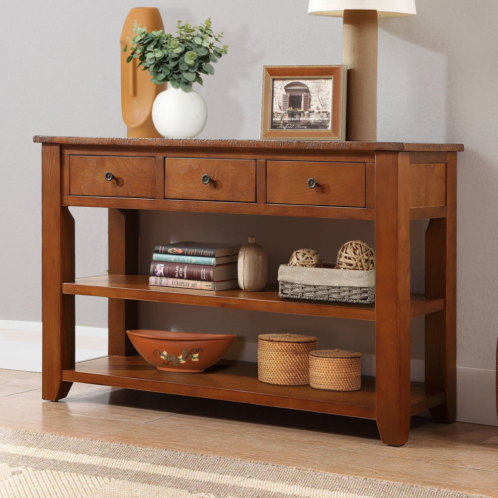 TATEUS 48" Solid Pine Wood Console Table with Storage Drawers, Brown