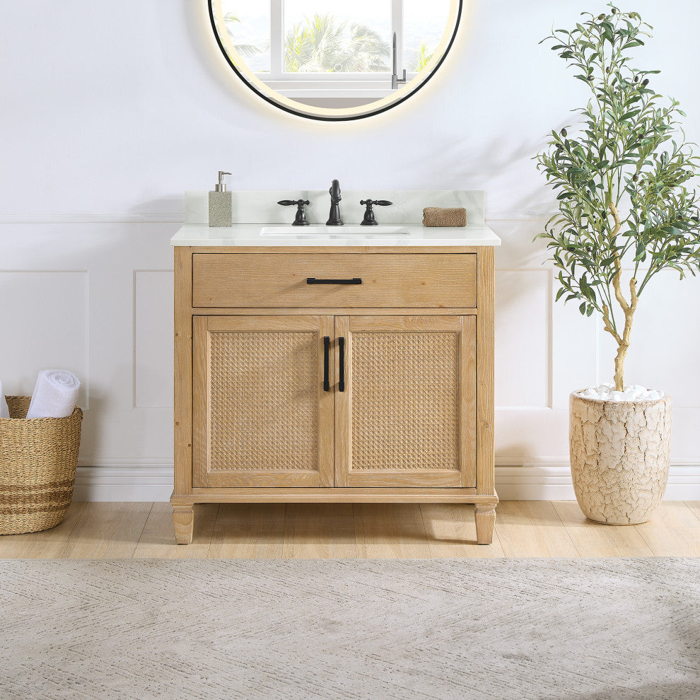 Solana Bathroom Cabinet Vanity Base, Weathered Fir, 36", Without Mirror