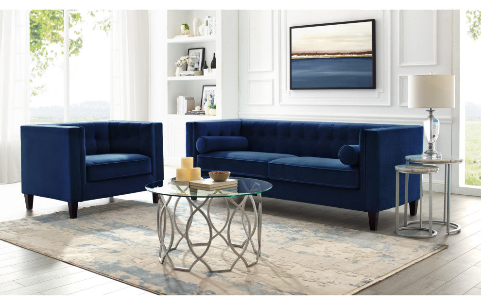 Branwen Velvet Button Tufted Sofa, Square Arms Tapered Leg, Navy