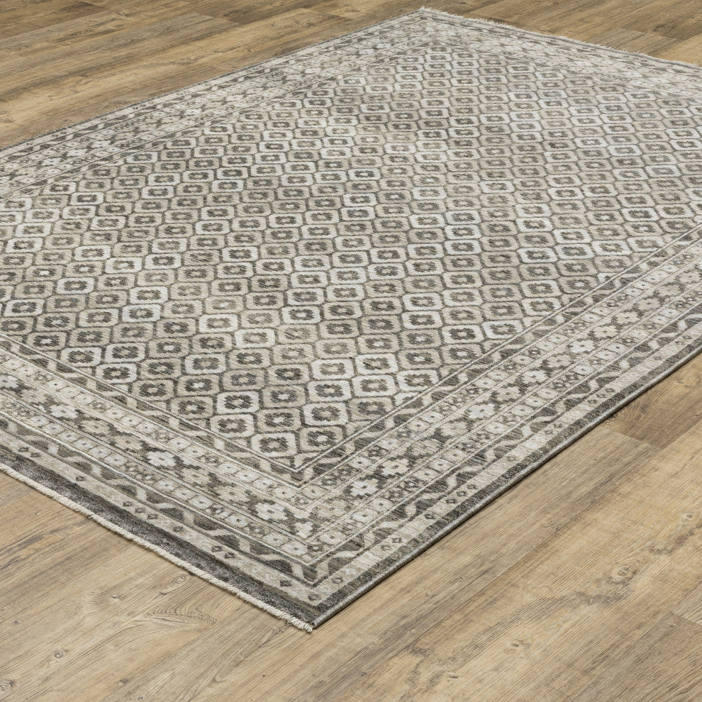 Callum Diamond Panel Grey/Beige Fringe Edge Rug 7'10" x 10'10"