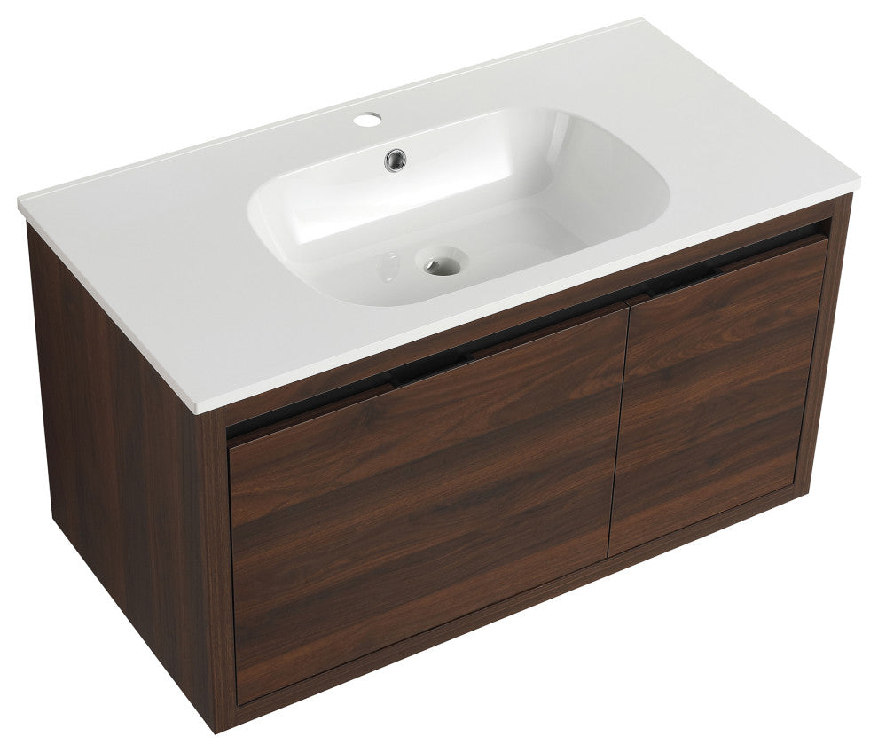 36" Plywood Wall Mounted Bath Vanity Set, Integrated Resin Sink