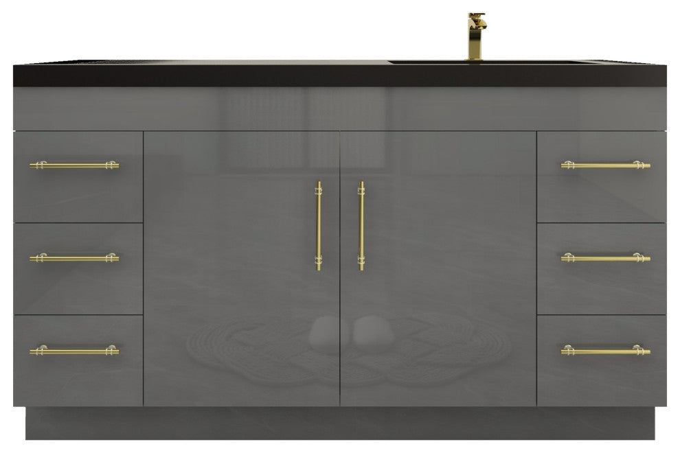 Rosa 60" Free Standing Modern Vanity, High Gloss Gray, Matt Black Top