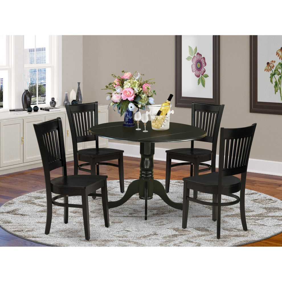 5Pc Dinette Set 4 Chair, Wooden Seat, Slatted Chair Back Drop Leaves Table Black