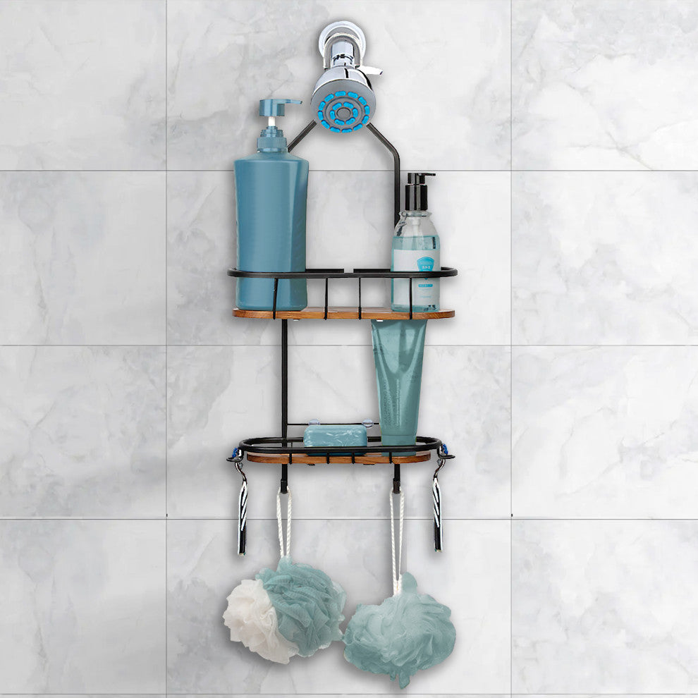 Utopia Alley Tia Rustproof Over the Shower Caddy, Teak Shelves, Matte Black
