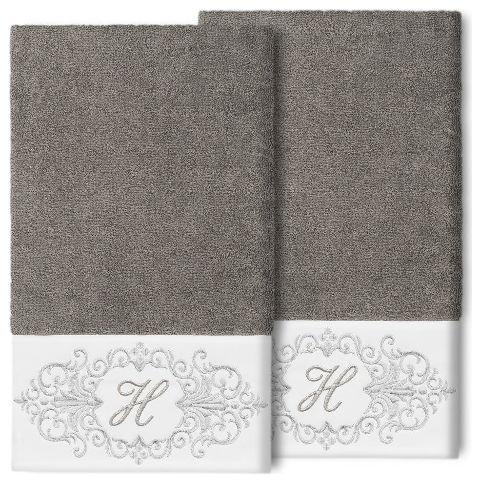 Linum Home Turkish Cotton Monica 2-Piece Embellished Bath Towel Set, Dark Gray