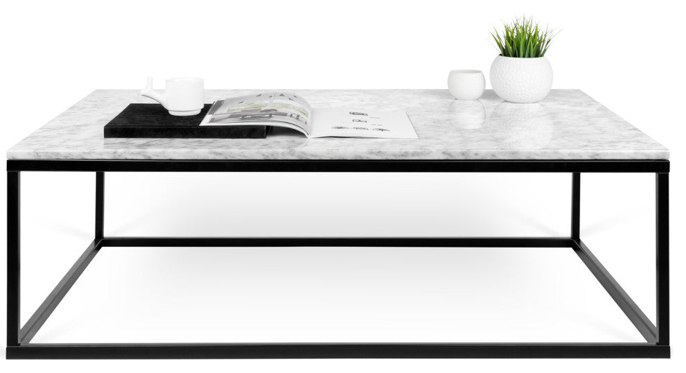 Modern Square Marble Top Coffee Table, White Marble/Black Legs