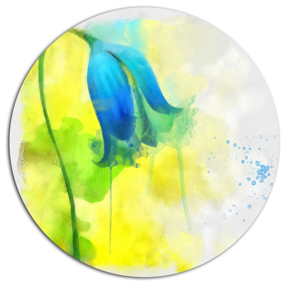 Blue Flower With Yellow Splashes, Floral Round Metal Wall Art, 23"