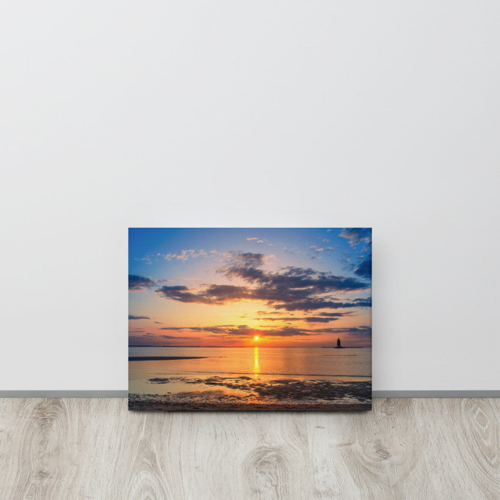 Sunset at Breakwater Lighthouse Coastal Landscape Photo Canvas Print, 12" X 16"