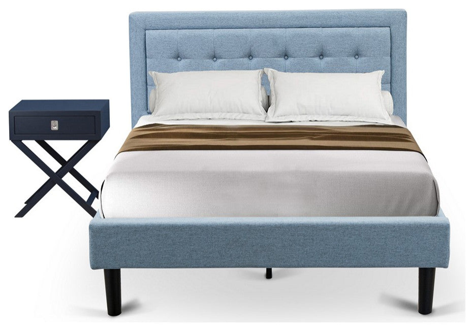 2Pc Fannin Full Size Bedroom Set, 1 Wood Bed Frame, Nightstand, Denim Blue