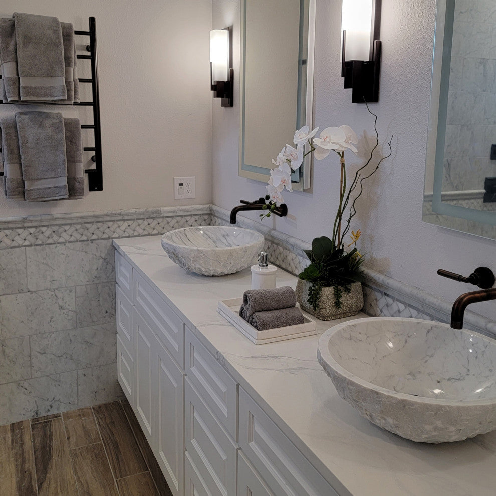 Natural Carrara White Marble Chiseled Stone Vessel Sink and Drain, Chrome